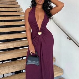 SHEIN Deep V Halter Maxi Dress in Plum with Gold Ring